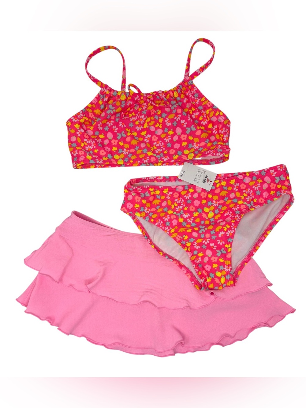 Cat & Jack Girls Pink Floral 3 piece Bikini Set with Ruffle Swim Skirt size 8
